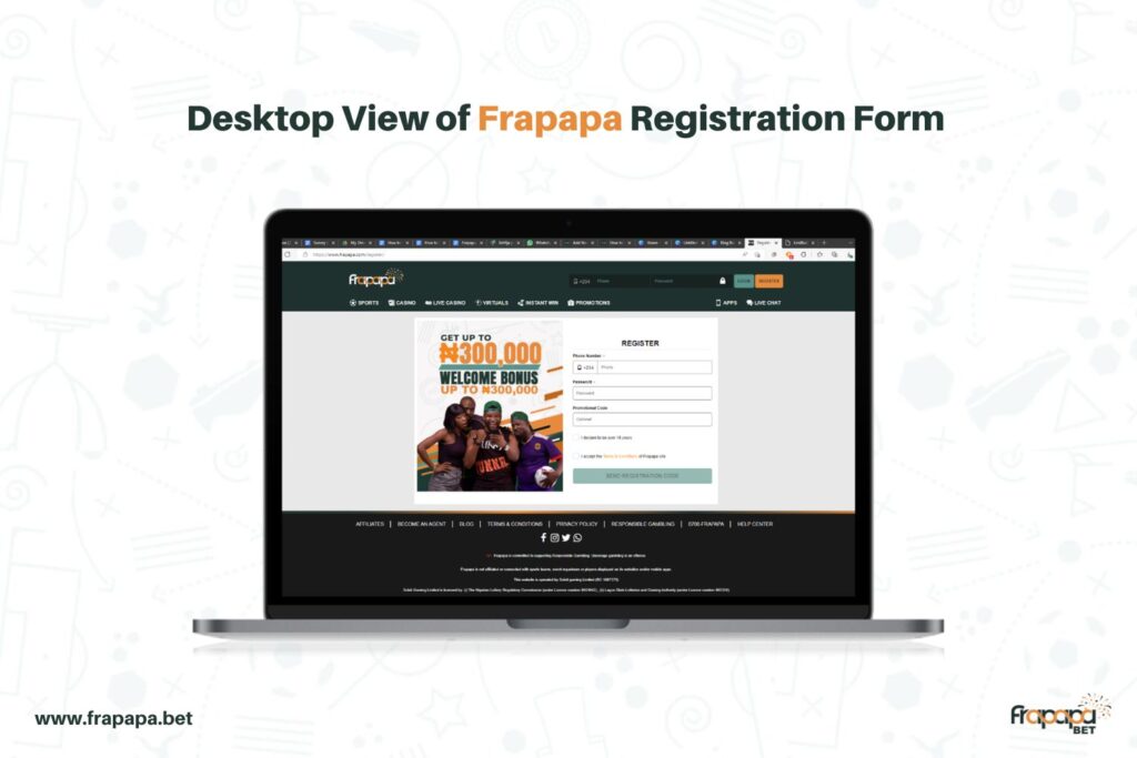 Desktop view of Frapapa registration form